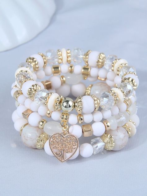 White Bead Bracelets, Bracelet Combinations, White Beaded Bracelets, Stretch Beaded Bracelets Diy, Silver Bracelet Stack, Girly Bracelets, Bracelet Materials, Bracelets For Sale, Crystal Bead Jewelry