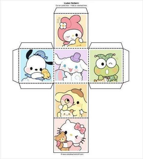 My Melody Box Template, Squishy Paper Ideas, Sanrio Crafts, Papercraft Templates Printables, Hama Disney, Printable Diy Crafts, Cube Template, Paper Cube, Paper Dolls Diy