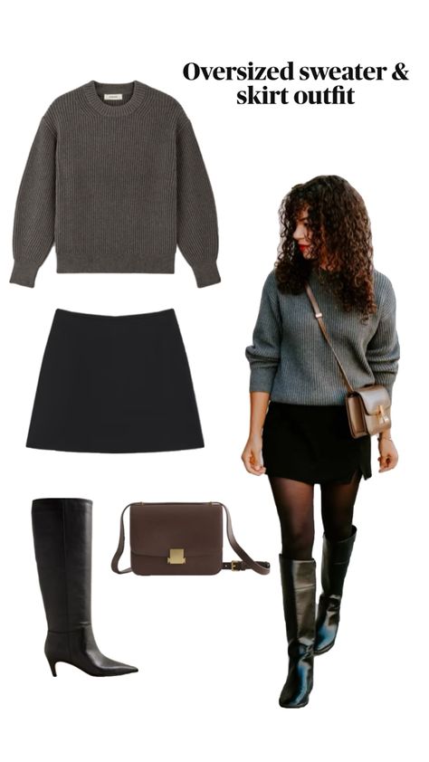 Looking for a cute and stylish oversized sweater and skirt outfit idea? This mini skirt outfit is perfect to wear for fall or the early winter days. Add this stylish outfit to your winter capsule wardrobe or wear to your next dinner party! Wear as your next going out outfit for a chic and sophisticated look. Winter Skirt And Boots Outfit, Oversized Sweater And Skirt, Oversized Sweater And Skirt Outfit, Mini Skirt And Sweater Outfit, Skirt Winter Outfit, Sweater And Skirt Outfit, Cute Winter Fits, Mini Skirt Outfit, Sweater And Skirt