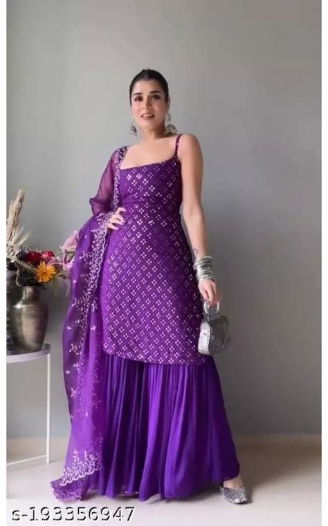 Purple Indian Outfit, Purple Dress Outfits, Sarara Dress, Kurti Dupatta, Exclusive Gowns, Sharara Designs, Side Work, Simple Lehenga, Trendy Outfits Indian