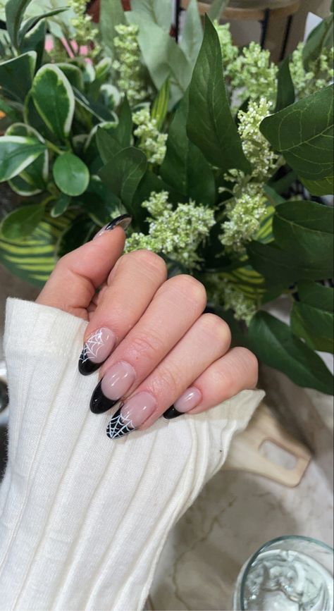 October Nails Spider Web, Spiderweb Stilleto Nails, Spider Web And Ghost Nails, Spiderweb Almond Nails, Black Nails With Web, Black French Tip Spider Web Nails, Black French Tip Nails Almond Halloween, Halloween Nails Cobweb, Nail Art Spider Web