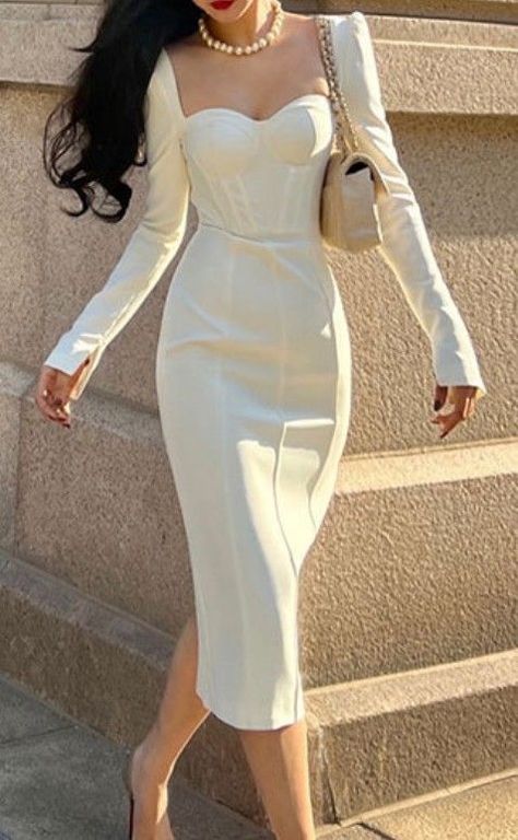 Elegant Midi Dresses Classy Chic, Elegant Midi Dress Classy, Tea Length Homecoming Dresses, White Dress Classy, White Midi Dress Bodycon, White Dress Outfit, Mother Dress, Elegant Midi Dress, Body Con Dress Outfit