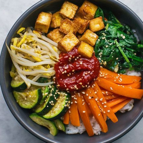 Vegan Korean Bibimbap with Crispy Tofu Recipe - Instacart Bibibop Tofu Recipe, Tofu Bim Bim Bap Recipe, Bibimbap Tofu, Bim Bim Bap, Tofu Bibimbap, Tofu Korean, Dinner Potluck, Vegan Bibimbap, Korean Bibimbap