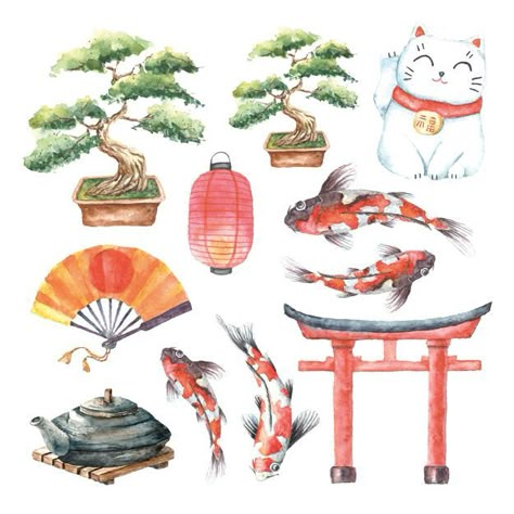 Japanese Fan Illustration, Japanese Aesthetic Drawing, Japanese Journal Aesthetic, Japanese Printables, Japanese Culture Aesthetic, Emoji Japanese, Sticker Set Aesthetic, Japanese Sketchbook, Japan Scrapbook