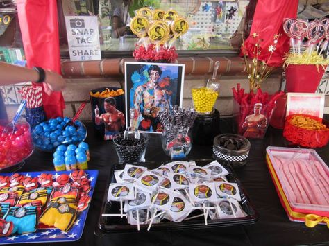 A little bit of Clubber Lang in the middle. Rocky Boxing, Boxing Party, Boxing Birthday, Party Favor Table, Clubber Lang, Favor Table, Twin Birthday Parties, Nerf Party, Minecraft Birthday