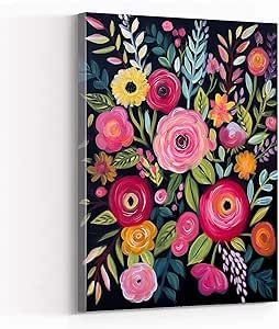 flower prints wall art,floral painting with various pink flowers on a black background,in the style of bright and bold color palette,whimsica,8''x12'' Framed Modern Canvas Wall Art Floral With Black Background, Canvas Painting On Black Background, Floral Painting Ideas On Canvas, Flower Painting Black Background, Painting Ideas Black Background, Group Painting, Black Background Painting, Flowers On Black Background, Floral Paintings Acrylic