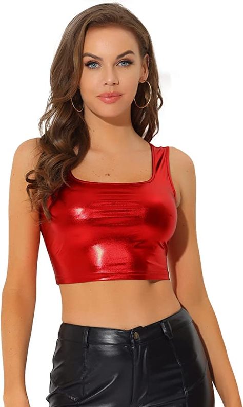 Allegra K Women's U Neck Sleeveless Party Clubwear Holographic Shiny Metallic Crop Top Medium Blue Green at Amazon Women’s Clothing store Top Rojo, Metallic Crop Top, Party Kleidung, Crop Top Outfits, Sleeveless Crop Top, U Neck, Halloween Women, Chic Woman, Cropped Tank Top