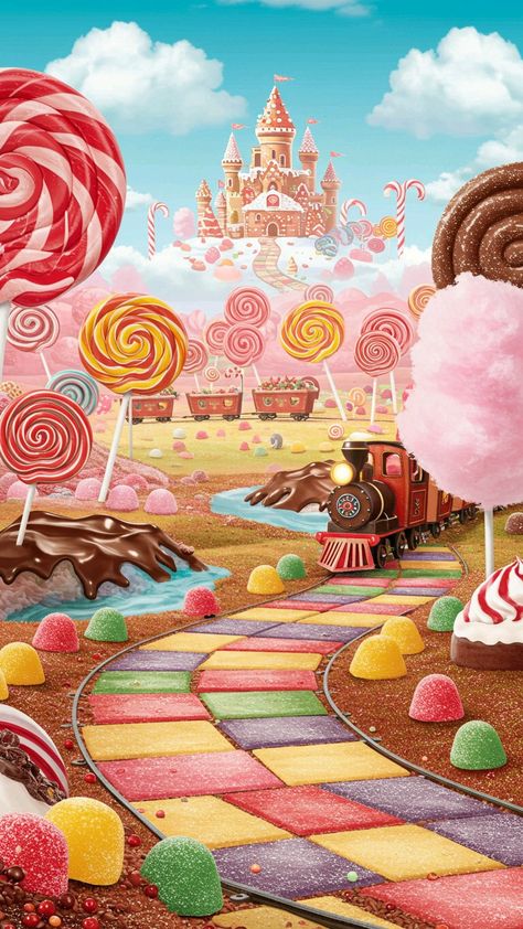 **Prompt:** *"A high-resolution mobile wallpaper featuring a whimsical candy land filled with giant lollipops, chocolate rivers, and cotton candy clouds. The vibrant landscape is bursting with colors—bright pinks, blues, yellows, and greens—creating a playful and dreamy atmosphere. A winding path made of candy tiles leads to a gingerbread castle in the distance, with gumdrop trees lining the way. In the foreground, a cheerful candy train chugs along, carrying sweets of all kinds. The scene is joyful, imaginative, and perfect for anyone who loves a touch of fantasy and sweetness in their day."* Castle In The Distance, Candy Train, Gingerbread Castle, Giant Lollipops, Candy Clouds, Dreamy Atmosphere, Winding Path, Cotton Candy Clouds, Vibrant Landscape