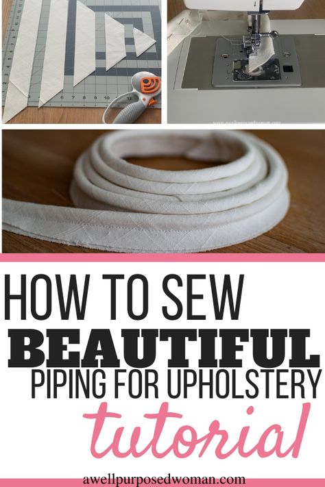 How To Sew A Box Cushion With Piping, Piping Cushions Tutorial, Making Piping For Cushions, How To Sew Piping On A Cushion, Sewing Chair Cushions Tutorials, Adding Piping To Pillows, How To Make Piping For Upholstery, How To Sew Piping, How To Do Corners On Upholstery