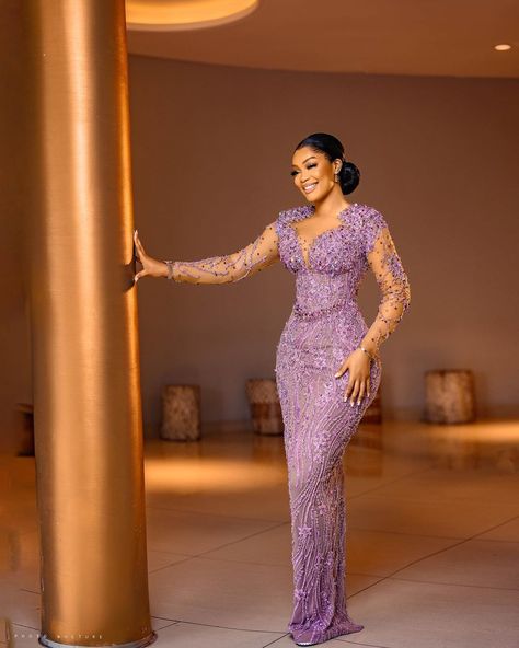 Wedding Reception Styles, Styles For Reception Gown, Elegant Asoebi Lace Styles, Owanbe Styles For Lace Straight Gown, Latest Lace Styles For Wedding Guest, Lace Dress Classy For Wedding Guest, Lace Gowns For Women, Gown Styles For Lace Material, Lilac Lace Asoebi Styles