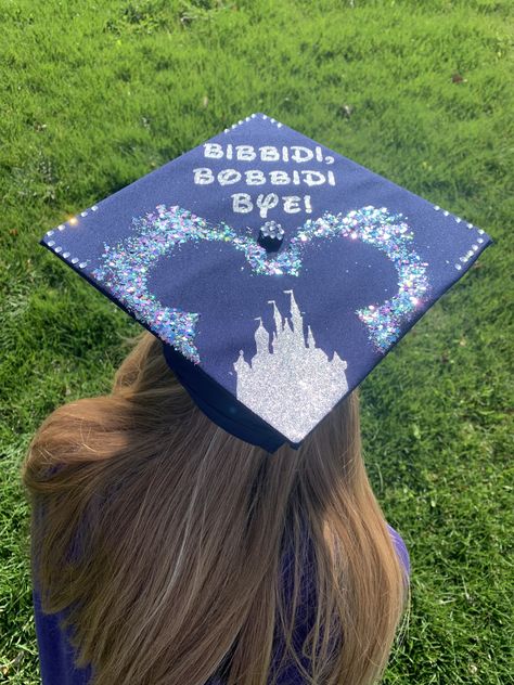 Up Cap Graduation, And She Graduated Happily Ever After, Graduation Hat Designs Disney, Cinderella Cap Graduation, Graduation Caps Ideas High School, Blue Cap Designs For Graduation, Disney Senior Crown Ideas, Disney Cap And Gown, Graduation Cap Disney Designs