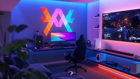 Nanoleaf and Razer team up to bring your dream battlestation to reality - techAU Nanoleaf Designs, Small Game Rooms, Music Visualization, Light Panels, Screen Mirroring, Gaming Room Setup, Led Panel Light, Gamer Room, Home Decoration Ideas