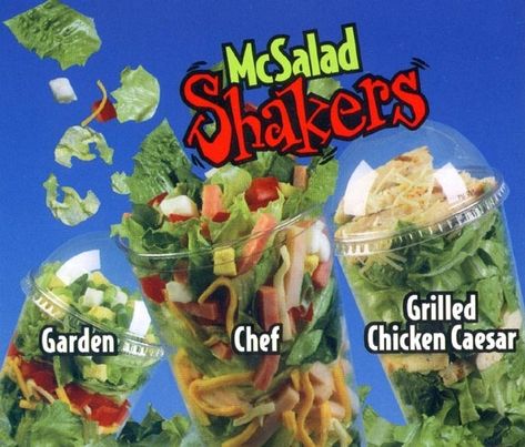 McSalad Shakers    The Chef Salad shaker was awesome!  I used to get these all the time from McD's back when I worked at Roses in the 1990s! Salad In A Cup, Dunkin' Donuts, Discontinued Food, 90s Food, Mcdonald Menu, Fast Food Items, Childhood Memories 90s, Surf And Turf, Salad In A Jar