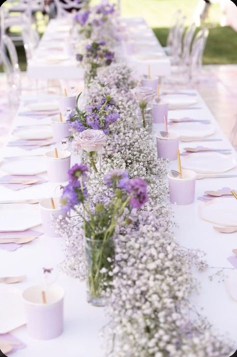 Lavender Party Theme Table Settings, Lavander Decoration Party, Lavendar Table Settings, Simple Lavender Centerpieces, Pastel Purple Decorations Party, Purple Garden Party Decorations, Lilac Gold And White Party, Lavender Bday Party, Light Purple Table Decorations