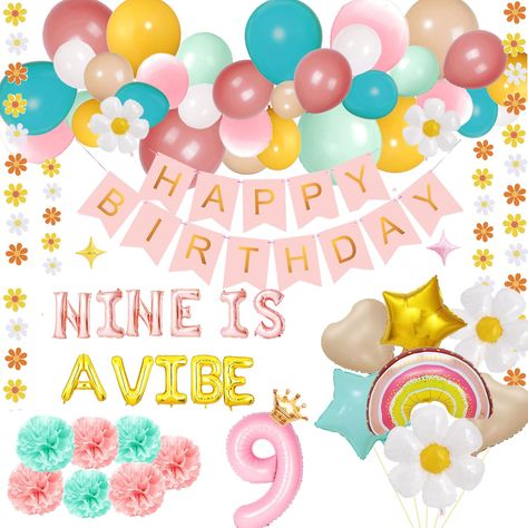 PRICES MAY VARY. What You’ll Get: NINE IS A VIBE letter balloons, number 9 big foil balloon, 1 crown balloon, happy birthday banner, 4 star balloons(18” & 10”), 2 heart shape balloons, 1 rainbow balloon, 4 daisy balloons, 7 paper pom poms, 3 daisy garlands, 32 latex balloons(7 colors) to make a balloon arch. Size: The NINE IS A VIBE letter balloons are 16inch. The number 9 foil balloon is 32inch. The paper pom poms are 6inch. The 3 daisy garlands are 14.7ft in total. The latex balloons are 10inc 9 Is A Vibe Birthday, Nine Is A Vibe Birthday Party, 9 Is A Vibe Birthday Party, 9 Year Birthday Party Theme Girl, Daisy Balloons, Vibe Party, Crown Balloon, Girls 9th Birthday, Balloons Number