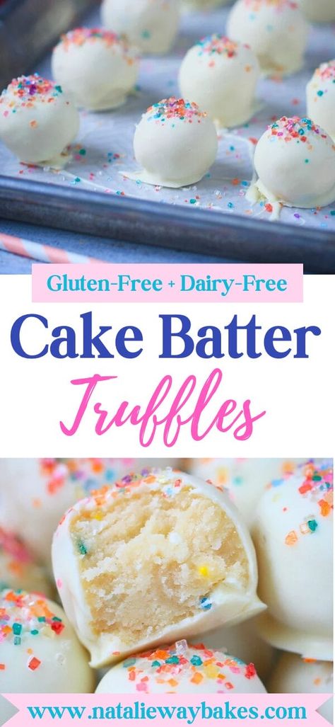 These Cake Batter Truffles are no-bake, easy to make, gluten-free, dairy-free, and taste absolutely delicious- Like little bites of soft melt in your mouth cookie dough. The perfect little bon bon delights! #glutenfree #dairyfree #truffles #cakebattertruffles Gluten Egg Free Desserts, Egg And Gluten Free Desserts, Gluten Free Dairy Free Candy, Dairy And Gluten Free Snacks Easy Recipes, Gluten Free Take Out, Desert Gluten Free, Dairy Free Cake Pops Recipes, Egg Free Deserts, Good Gluten Free Desserts