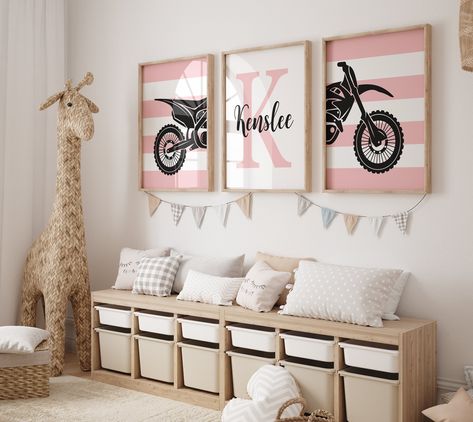 Dirt Bike Bedroom, Motocross Bedroom, Racing Bedroom, Motorcycle Nursery, Pink Dirt Bike, Dirt Bike Room, Bike Wall Art, Bike Wall, Bike Room