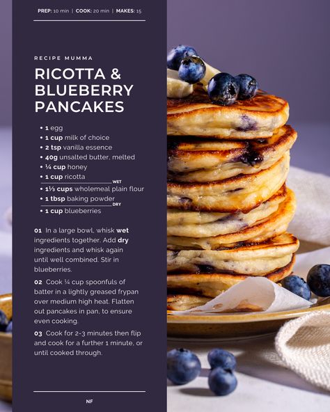 Ricotta and Blueberry Pancakes — Recipe Mumma Ricotta Oatmeal Pancakes, Healthy Ricotta Pancakes, Ricotta Pancakes Recipe, Blueberry Ricotta Pancakes, Breakfast Goals, Blueberry Pancakes Recipe, Easy Toddler Meals, Healthy Brunch Recipes, Ricotta Pancakes