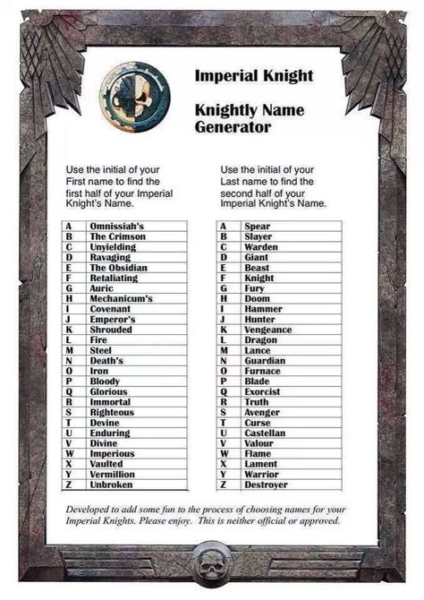 Imperial Knight Knight Name Ideas, Imperial Knights Color Scheme, Fantasy Knight Ranks, Questoris Knights, Imperial Knight Conversion, Name Maker, Magic Names, Funny Name Generator, Villain Names