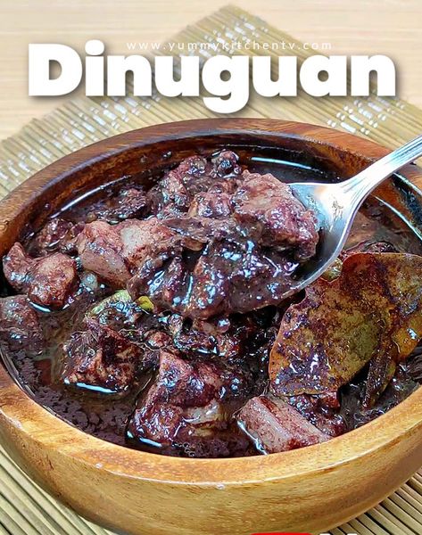 Dinuguan - Yummy Kitchen Dinuguan Recipe, Pork Pieces, Yummy Kitchen, Chili Salt, Meat Shop, Pork Meat, Green Chili, Minced Onion, Bay Leaves