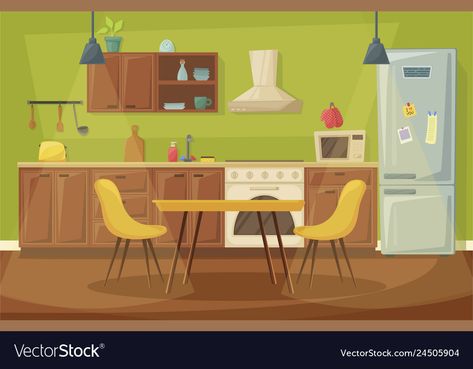 Dining Room Illustration, Interior Dining Room, Clean Dining Room, Kitchen Cartoon, Contemporary Dining Room Design, Room Cartoon, Cartoon Kitchen, Kitchen Illustration, Dining Room Furniture Design