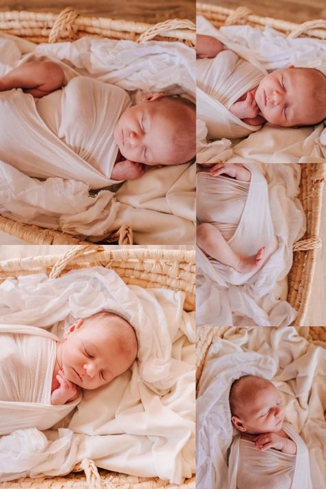 collage of newborn baby in moses basket swaddled in white Newborn Moses Basket Photography, Moses Basket Photography, Newborn Photos At Home, Newborn Swaddle, St Augustine Florida, Lifestyle Newborn Photography, Moses Basket, Lifestyle Newborn, Newborn Photoshoot