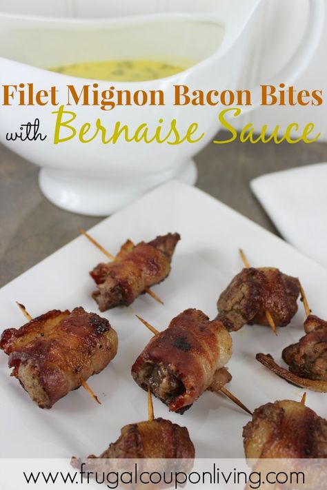 Filet Mignon Bites with Bernaise Sauce Recipe – Perfect Appetizer #football #appetizer #steak #filetmignon #bernaise #recipe http://www.frugalcouponliving.com/2013/12/24/filet-mingnon-bites-with-bernaise-sauce-recipe/ Bernaise Sauce Recipe, Filet Mignon Bites, Bernaise Sauce, Bacon Bites, Football Party Foods, Football Party Food, Tailgate Food, Dinner Entrees, Think Food