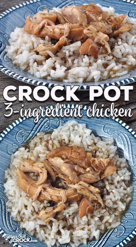 This 3 Ingredient Crock Pot Chicken recipe is so easy to make and has an amazing flavor! It is great alone or over rice or noodles. You're going to love it! 3 Ingredient Chicken Crockpot, Chicken Crockpot Meals, 3 Ingredient Chicken Recipes, 3 Ingredient Chicken, Tartiflette Recipe, Rice Meals, Garlic Brown Sugar Chicken, Brown Sugar Chicken, Pot Recipes Healthy