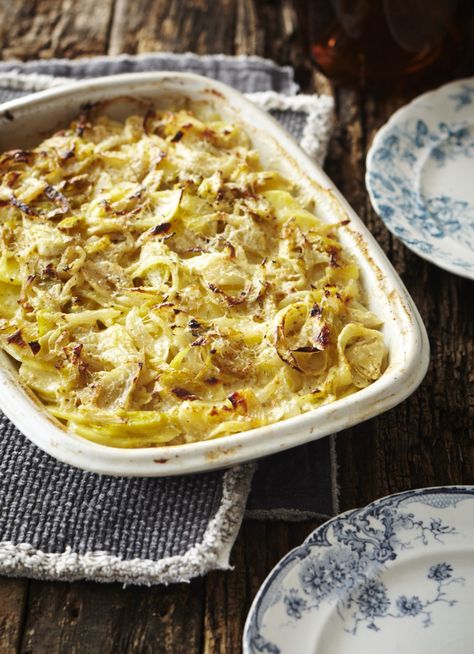 Potato Leek Gratin, Leek Gratin, Fennel Gratin, Dish Magazine, Creamy Casserole, Potato Gratin Recipe, Leek And Potato, Potato Leek, Sides Recipes