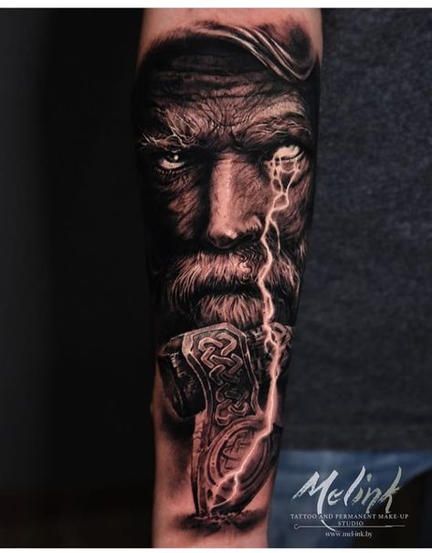 Tattoo Odin, Nordic Tattoos, Thor Tattoo, Odin Tattoo, Viking Tattoo Sleeve, Tattoo Portrait, Forearm Band Tattoos, Forearm Sleeve Tattoos, Nordic Tattoo