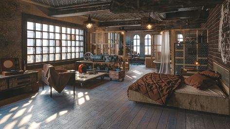 ArtStation - Visualization of atmospheric loft Loft Apartment Aesthetic Industrial, Artists Loft Apartment, Old Loft Apartment, Art Loft Apartment, New York Apartment Interior Loft Style, Loft Aesthetic Bedroom, Japanese Loft Apartment, Dark Loft Apartment, Industrial Loft Apartment Small