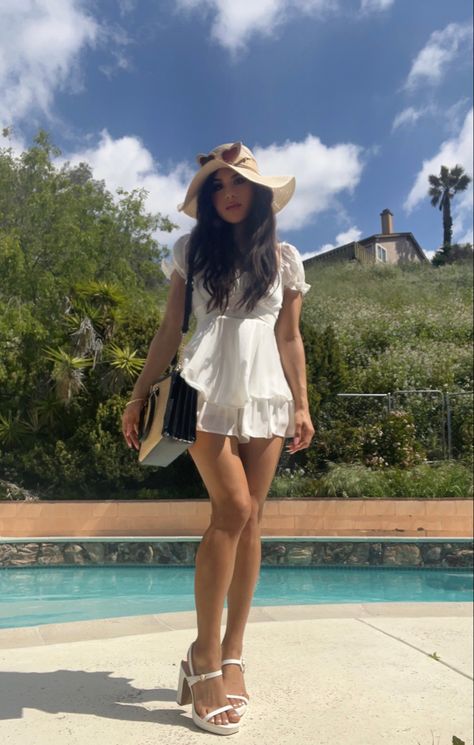 #ootd #casualoutfit #dress #whitedress #whiteheels #heels #pretty #romper #whiteromper #outfitoftheday #summerdress #springfashion #summerfashion #cute #adorable #aesthetic #feminine #girly #softgirl #whiteoutfit #elegant #summertime #opentoeheel #fashion #trendy #sunhat #heartshapedsunglasses #purse Sunhat Outfit, Adorable Aesthetic, Aesthetic Feminine, Heart Shaped Sunglasses, White Romper, White Heels, Outfits With Hats, Grad Party, White Outfits