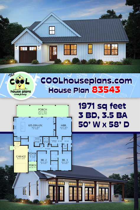 New Ranch House Plan has the simple style of the classic ranch home. However, when you walk inside, you will find a unique and updated floor plan. The amenities will appeal to various homeowners because the design has so much variety. Enjoy open living space when you want to be social, or close the office doors when you want some privacy. Hang out by the fireplace inside, or commune with nature on the giant back porch. This plan offers 1,971 sq ft, 3 bedrooms, 3.5 bathrooms, and a 1 car garage. Ranch Home Floor Plans, Office Doors, Open Living Space, 1 Car Garage, Ranch Style House, Ranch House Plan, Ranch Style House Plans, Open Living, Office Door