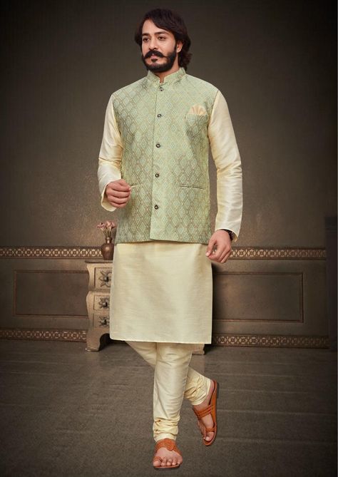 Men's Traditional wear Kurtas Traditional Indian Wear Long Kurta made from lsilk. The solid style pattern adds to the regal style of the kurta. Traditionally worn over Indian Churidar Pajama Bottoms. Koti fabric- Jequard silk Kurta Fabric- Silk Chudidar Pajama- silk Available Size- 34, 36, 38, 40, 42, 44,46 Fitting Details : Standard Length would be till the Knees. Sizes are based on Body Chest Measurements in inches. For Size Chart please refer separate image attached here... Mens Traditional Wear, Nehru Jacket For Men, Wedding Kurta For Men, Groomsmen Outfits, Nehru Jacket, Kurta Pajama, Nehru Jackets, Vest Coat, Designer Wedding