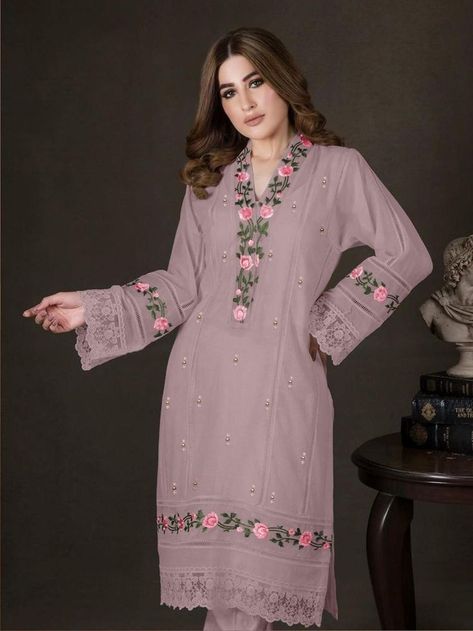 Embroidery With Pearls, Lace Designs On Suits, Onion Pink, Stylish Kurtis Design, Lace Dress Design, Designer Kurti Patterns, Pakistani Fancy Dresses, Pakistani Fashion Party Wear, Kurta Neck Design