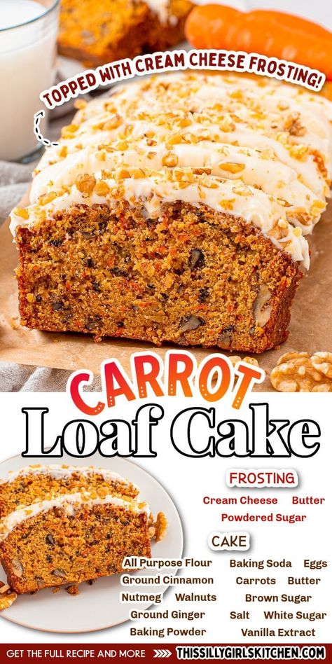 carrot loaf cake with cream cheese frosting Carrot Loaf Cake, Carrot Cake Loaf Recipe, Carrot Bread Recipe, Cinnamon Carrots, Carrot Loaf, Carrot Cake Bread, Carrot Cake Loaf, Cream Cheese Frosting Cake, Carrot Bread