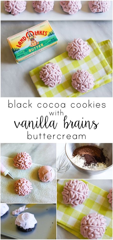 Brain Cookies, Creepy Cookies, Cookies For Halloween, Sugary Treats, Black Cocoa, Halloween Party Treats, Cocoa Cookies, Vanilla Cookies, Cute Cookies