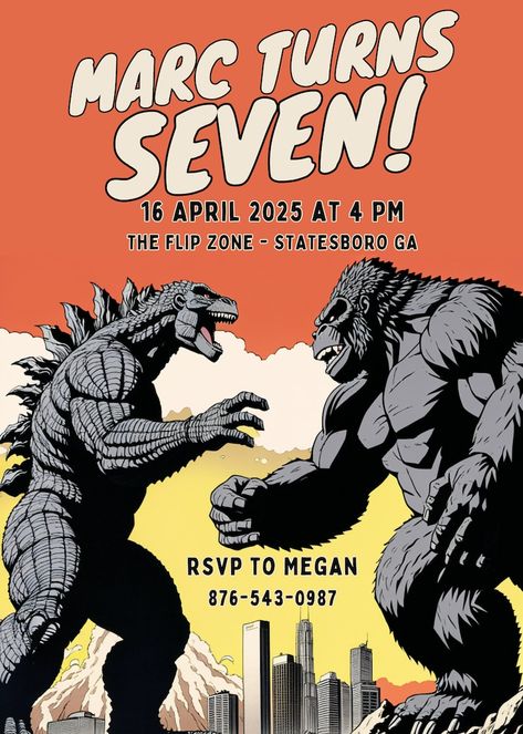 King Kong and Godzilla Invitation, King Kong and Godzilla Birthday Invitation, Kid Invite, Editable Canva Godzilla Birthday Invitation, King Kong Vs Godzilla Birthday Party, Godzilla Party Ideas, Godzilla Invitations, King Kong And Godzilla, Kong And Godzilla, Levi Birthday, Godzilla Party, Godzilla Birthday Party