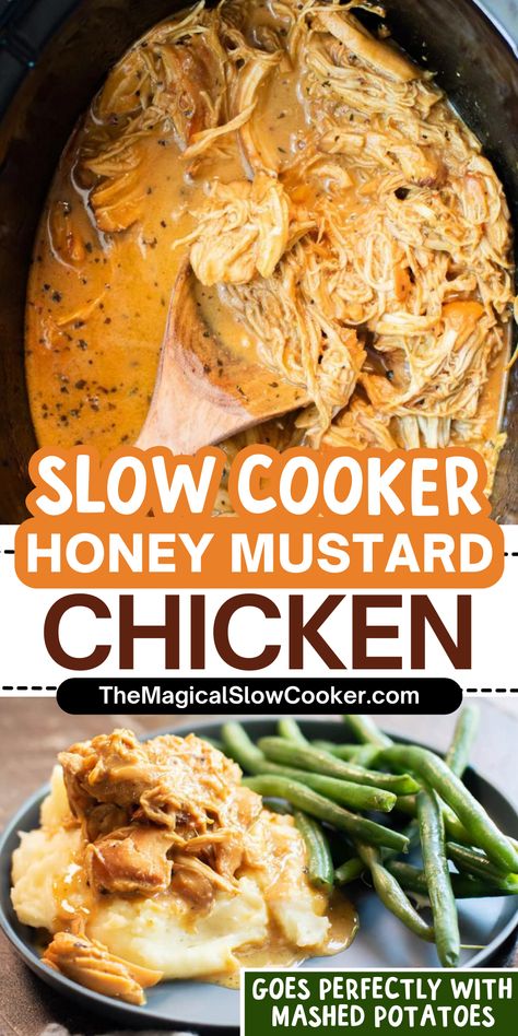 EASY honey mustard chicken made in the slow cooker. This will be your favorite go-to meal. - The Magical Slow Cooker