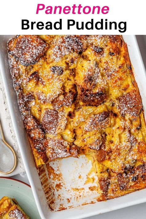 This Panettone Bread Pudding is the perfect cozy holiday dessert or brunch to share with family and friends. It's warm, custardy and super easy to make! Recipes Using Panatone Bread, Bread Pudding With Panettone, Panetone Bread Pudding, Panettone Bread And Butter Pudding, Holiday Bread Pudding, Moist Bread Pudding Recipe, Pannetone Recipe Desserts, Panatone Bread Pudding, Pannetone Bread Pudding