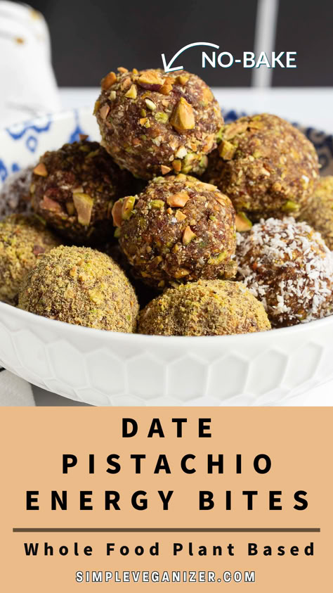 Discover this easy Date Pistachio Energy Bites recipe! It’s whole-food, plant-based, gluten-free, and refined sugar-free. It’s a healthy, naturally sweet snack perfect for energy on the go. Healthy Vegetarian Snacks On The Go, Plant Based Snacks Easy, Plant Based Snacks On The Go, Healthy Snake Ideas, Pistachio Recipes Healthy, Pistachio Energy Bites, Pescetarian Meals, Power Bites, Vegan Sweet Recipes