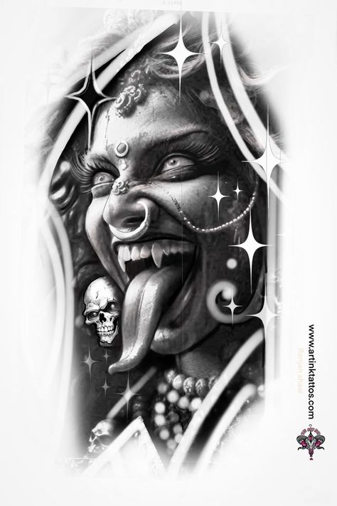 Kali Ma Art, Kali Maa Tattoo, Kali Tattoo Design, Kali Art, Portrait Tattoo Ideas, Tattoo Sketch Art, Kali Tattoo, Hanuman Tattoo, Where Tattoo