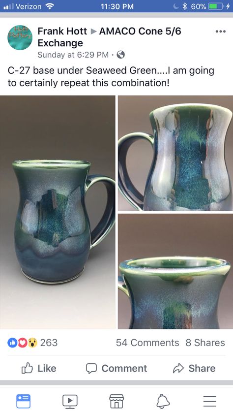 Frank Hott:  C27 is Storm Celadon under Seaweed. 3/2 coats. Glaze Combinations, Pottery Patterns, Amaco Glazes, Ceramic Glaze Recipes, Glazing Techniques, Pottery Videos, Glaze Ceramics, Pottery Techniques, Pottery Glazes