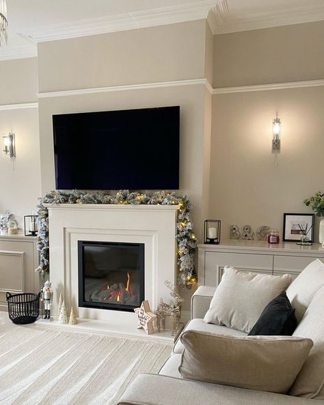 Media Unit With Electric Fireplace, Christmas Fireplace With Tv, Media Wall With Electric Log Burner, Electric Log Burner On Flat Wall, Corner Tv Unit With Electric Fire, Tv Stand Decorations, Creative Ideas For Christmas, Christmas Tv Stand, Tv Stand Decor Ideas