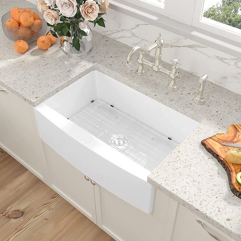 Jackforce 33 X 21 Inch Kitchen Sink Curved Apron Front White Fireclay Ceramic Porcelain Single Bowl Farm Kitchen Sink | Wayfair Farmer Sink Kitchen, 30 Inch Kitchen Sink, Small Farmhouse Sink, Farmer Sink, White Farm Sink, Ceramic Kitchen Sink, Farmers Sink, White Farmhouse Sink, Ceramic Kitchen Sinks