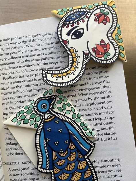 Unique Bookmarks Handmade, Madhubani Peacock, Beautiful Bookmarks, Elephant Book, Handmade Bookmarks Diy, Ancient Indian Art, Bookmarks Diy, Creative Bookmarks, Bookmark Craft