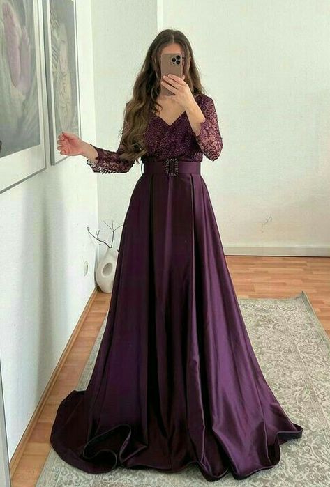 Long Frocks Western Party, Faction Designing Dress, Satin Gown Designs Indian, Gown Designs Western, Western Gowns Party Wear Designer, Long Gown Western, Party Wear Gowns Western, Long Frock Designs For Women, Purple Fancy Dress