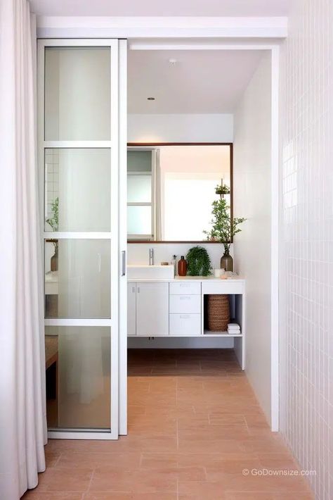 This simple and modern bathroom also uses a glass door design with slightly clearer material. Sliding Glass Door For Bathroom, Doors For Small Spaces, Sliding Door Bathroom, Sliding Door Ideas, Sliding Bathroom Doors, Glass Door Design, Frosted Glass Door, Loft Bathroom, Bathroom Partitions