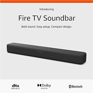 Amp up your audio - Fire TV Soundbar enhances TV audio with dual speakers for fuller sound, clearer dialogue, and deeper bass—all in a compact design.
Immersive sound - Enjoy a three-dimensional virtual surround sound experience with DTS Virtual:X and more detail with Dolby Audio.
Easy setup - Just plug in the included HDMI cable to the HDMI eARC/ARC port on your TV to instantly enjoy audio that's always in sync. Tv Sound, Alexa Echo, Amazon Devices, Amazon Fire Tv, Amazon Fire, Bluetooth Audio, Streaming Tv, Fire Tv, Surround Sound