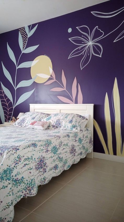 wall painting for bedroom Purple Wall Painting Ideas, Bedroom Wall Painting Ideas Creativity, Purple Accent Wall Bedroom, Wall Painting For Bedroom, Wall Painting Living Room, Painting For Bedroom, Creative Wall Painting, House Wall Design, Wall Painting Techniques